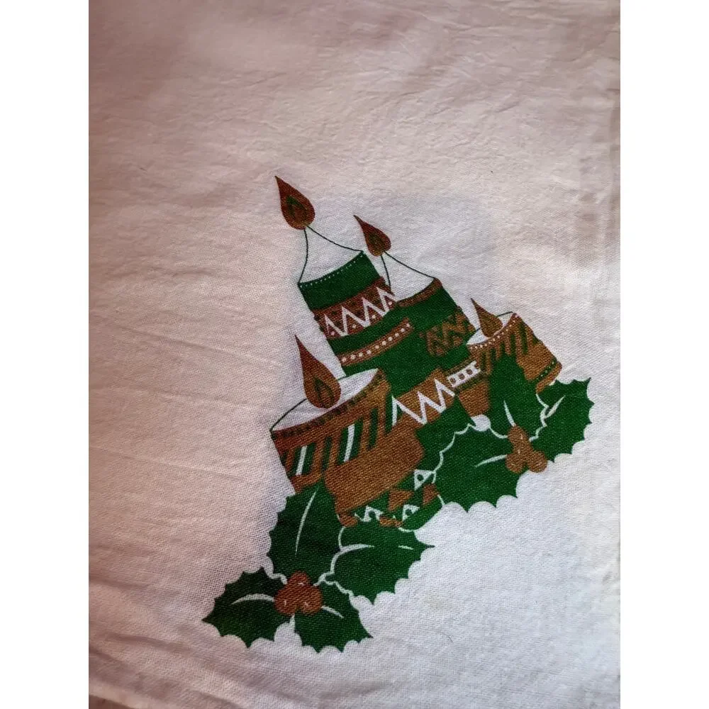Vintage MCM Candle Holly Christmas Holiday Cloth Napkins Cotton